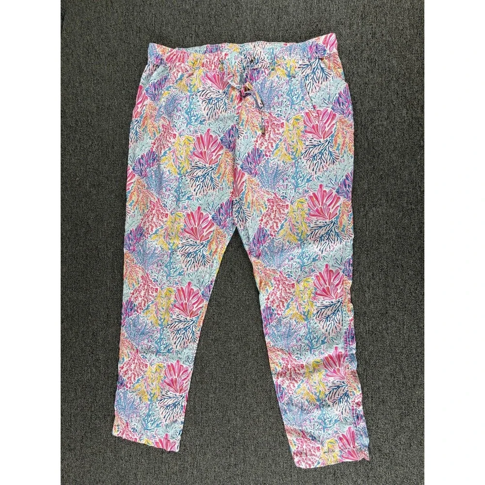Lilly Pulitzer Pants Womens XL Pink Taron Linen Ankle Drawstring Splashdance